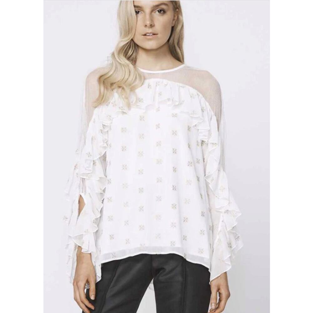 Stevie May Cosmic Currents Gold Embroidery Starry White Top M